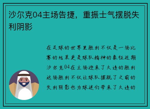 沙尔克04主场告捷，重振士气摆脱失利阴影